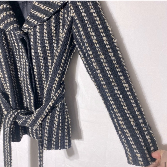 Zara Basic Black Cream Striped Textured Knit Bubble Collar Belted Jacket M - Picture 14 of 16